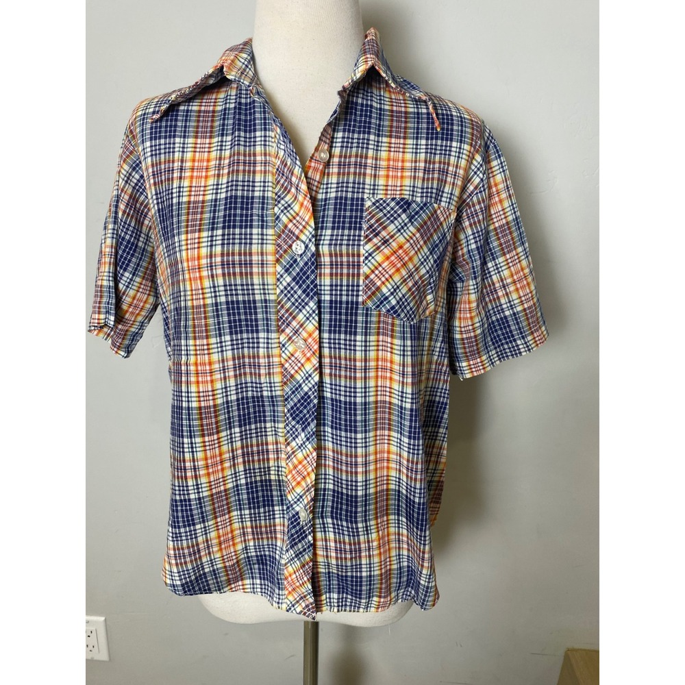 Vintage 60s Kmart Plaid Button Down Shirt Short Sleeve Blue Orange Multi Size 36